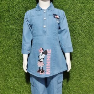Navy Blue Solid Denim Collared Girls Party Wear