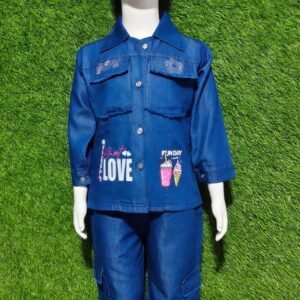 Navy Blue Solid Denim Collared Girls Party Wear